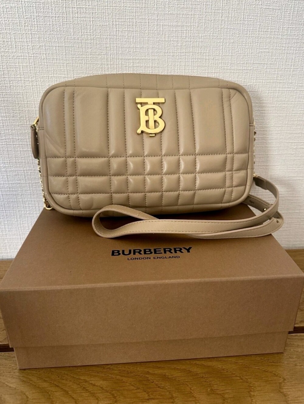Burberry Lola Quilted Lamb Skin Leather Camera Bag in Oat Beige MSRP $1550